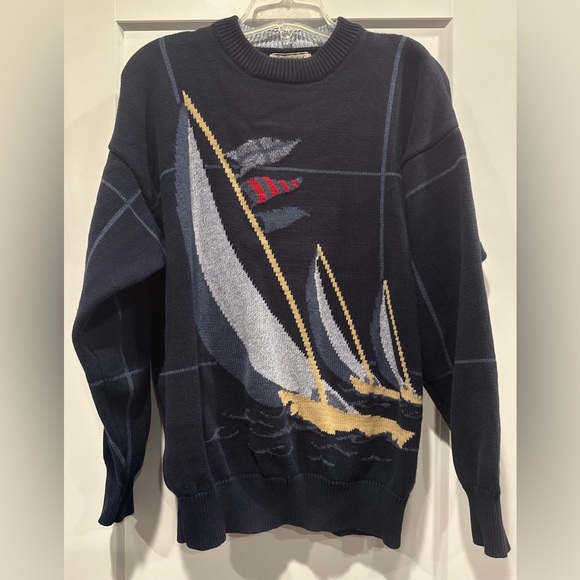 Vintage Nautica Navy Crewneck Sweater with Sailboat Motif - Picture 1 of 6